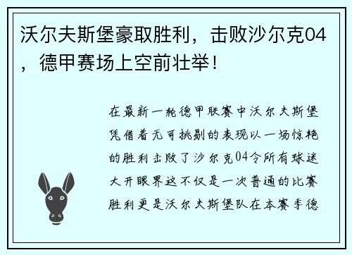 沃尔夫斯堡豪取胜利，击败沙尔克04，德甲赛场上空前壮举！