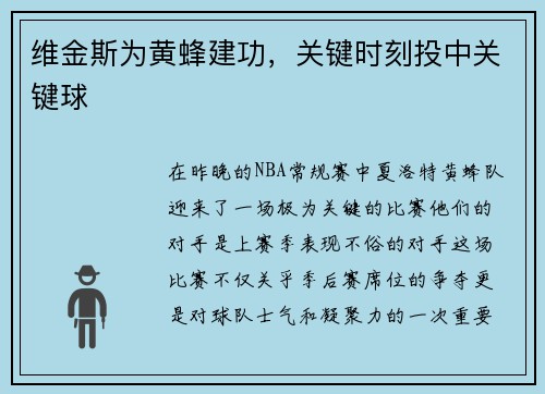 维金斯为黄蜂建功，关键时刻投中关键球