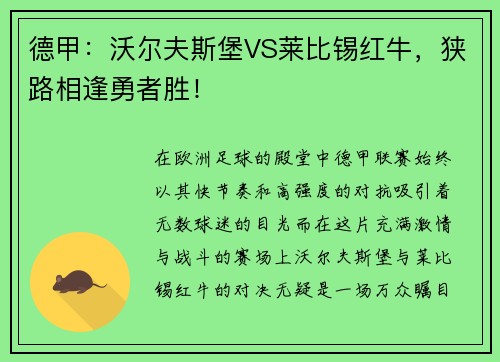 德甲：沃尔夫斯堡VS莱比锡红牛，狭路相逢勇者胜！